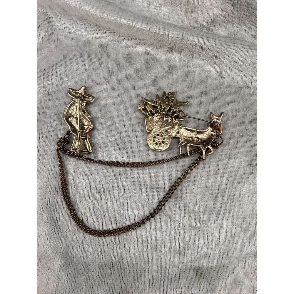 Vintage Chatelaine Style Brooch Figural Enamel Mexican Flower Gold Tone READ‎